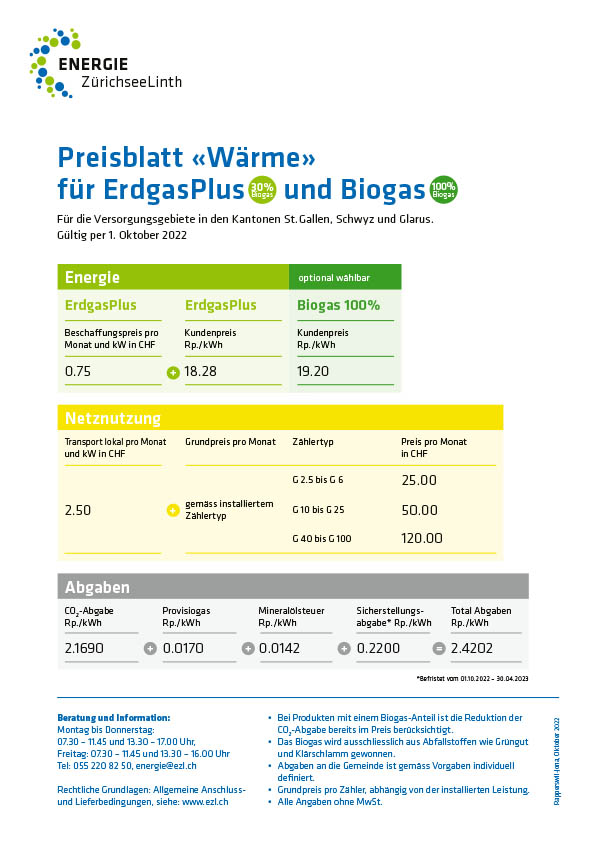 Preisblatt Waerme fuer ErdgasPlus und Biogas 
